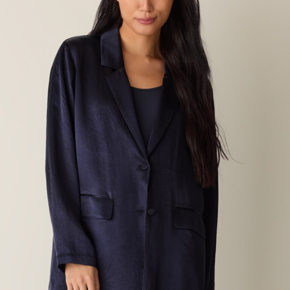$288 Ink Navy Eileen Fisher Textured Satin Blazer PP Jacket Collared Pockets